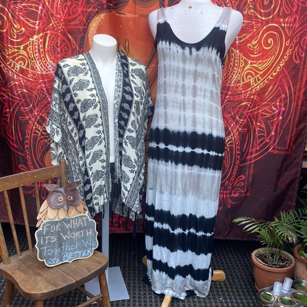 Black & White Tie Dye Maxi Dress Large | Sleeveless Boho Beach Cover-Up | M/L